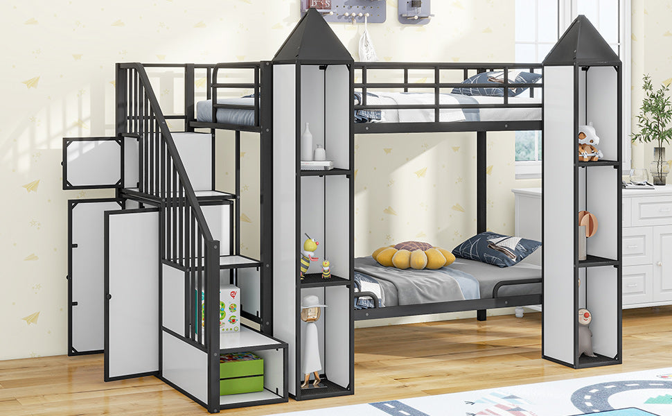 Metal Twin over Twin Castle-shaped Bunk Bed with Wardrobe and Multiple Storage, Gray+White