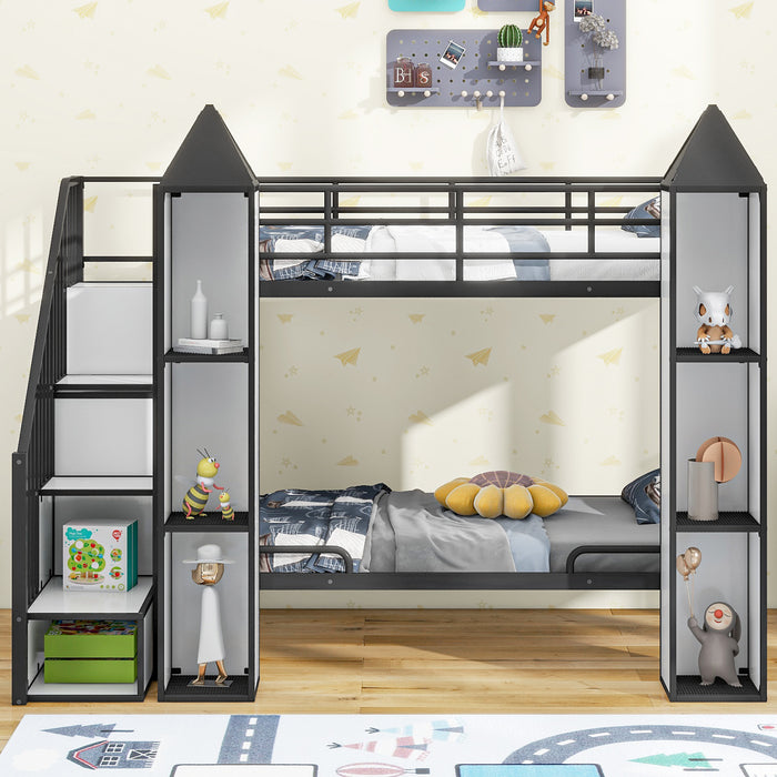 Metal Twin over Twin Castle-shaped Bunk Bed with Wardrobe and Multiple Storage, Gray+White