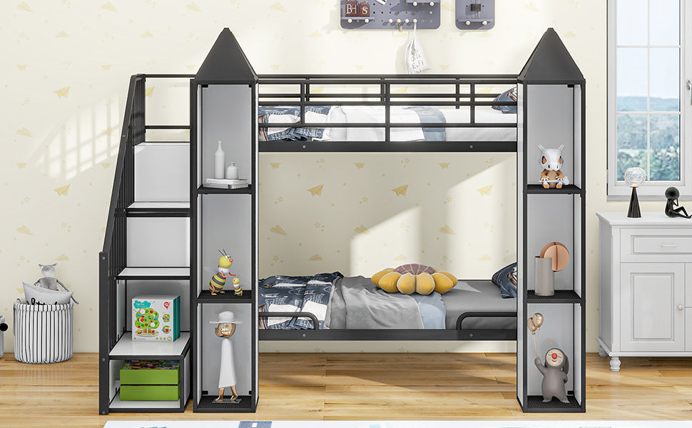 Metal Twin over Twin Castle-shaped Bunk Bed with Wardrobe and Multiple Storage, Gray+White