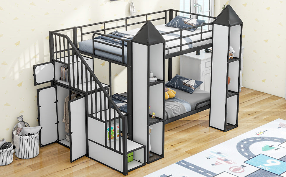 Metal Twin over Twin Castle-shaped Bunk Bed with Wardrobe and Multiple Storage, Gray+White