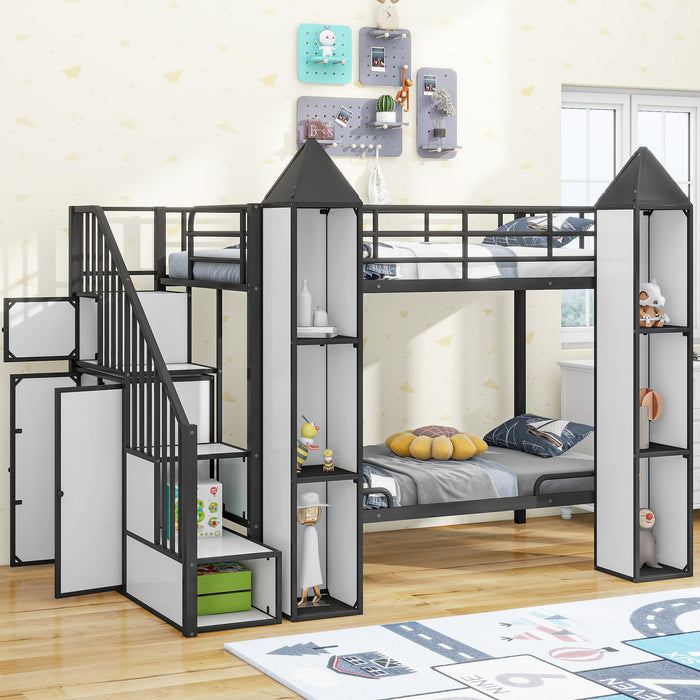 Metal Twin over Twin Castle-shaped Bunk Bed with Wardrobe and Multiple Storage, Gray+White