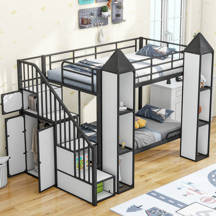 Metal Twin over Twin Castle-shaped Bunk Bed with Wardrobe and Multiple Storage, Gray+White