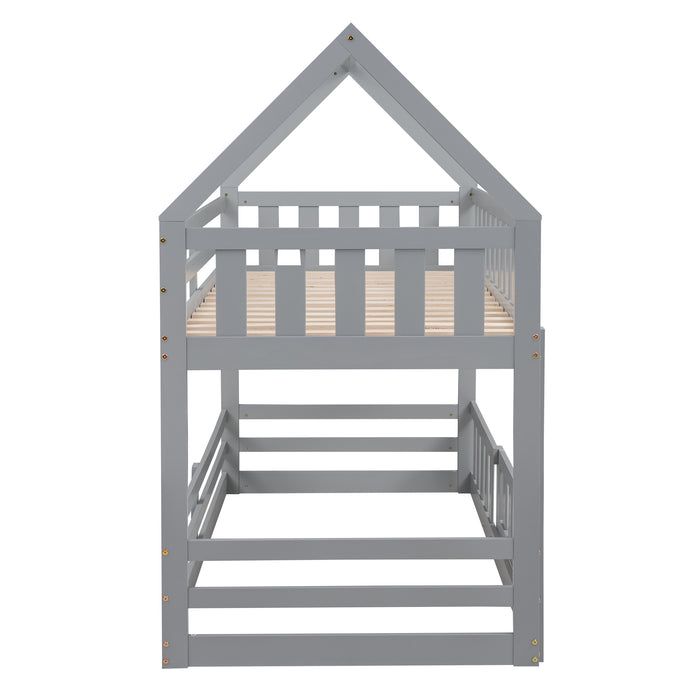 Twin over Twin House Bunk Bed with Fence and Door, White