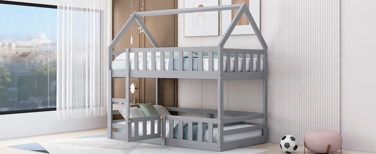 Twin over Twin House Bunk Bed with Fence and Door, White