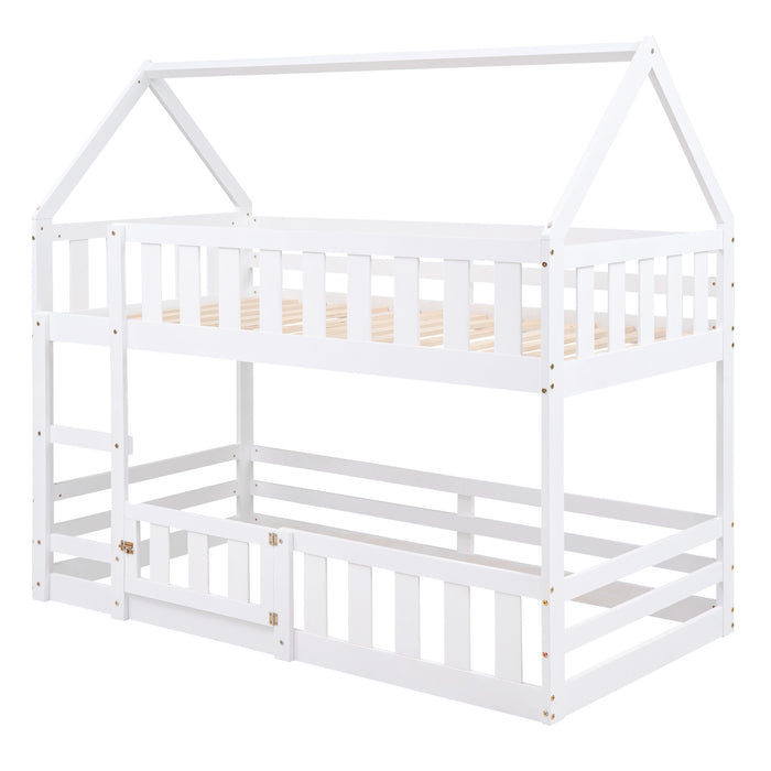 Twin over Twin House Bunk Bed with Fence and Door, White