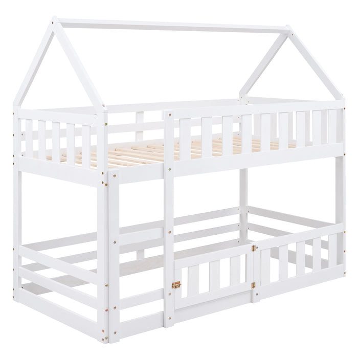 Twin over Twin House Bunk Bed with Fence and Door, White