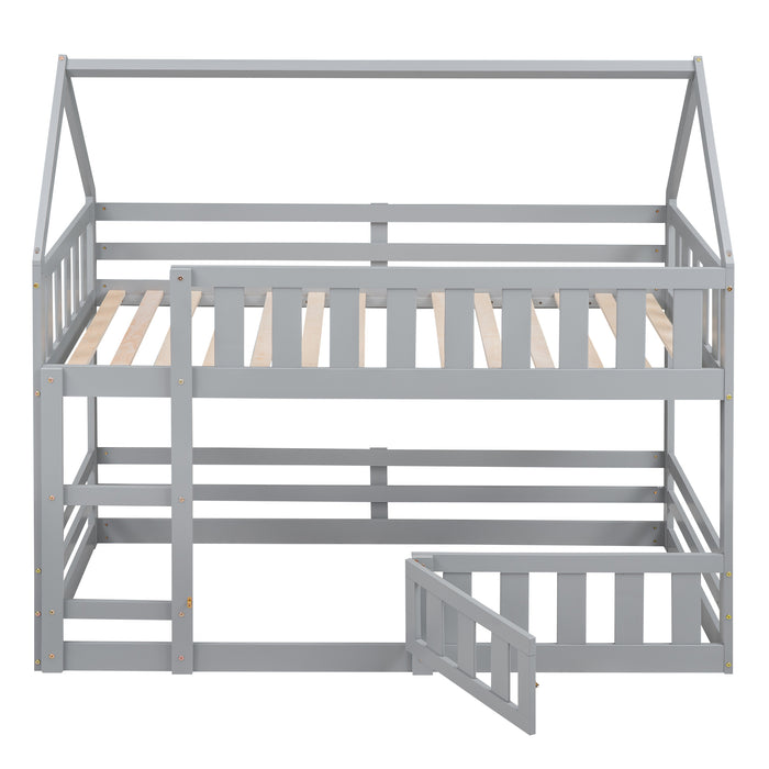 Twin over Twin House Bunk Bed with Fence and Door, White