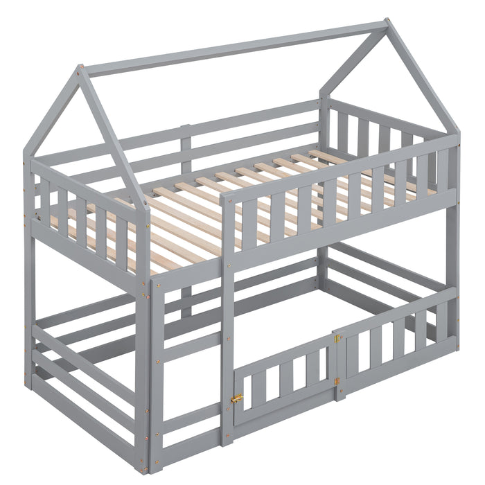 Twin over Twin House Bunk Bed with Fence and Door, White