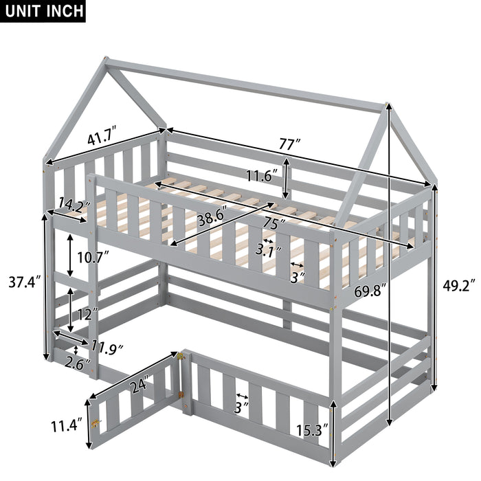 Twin over Twin House Bunk Bed with Fence and Door, White