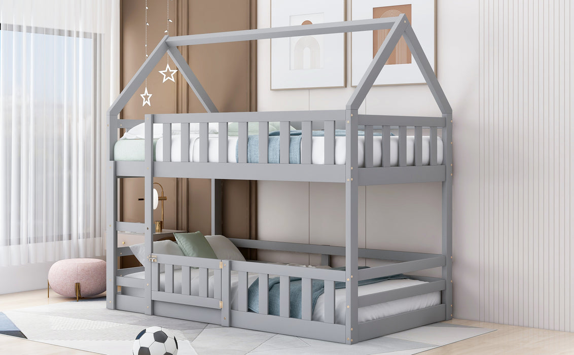 Twin over Twin House Bunk Bed with Fence and Door, White