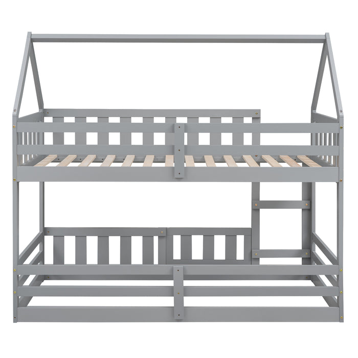 Twin over Twin House Bunk Bed with Fence and Door, White