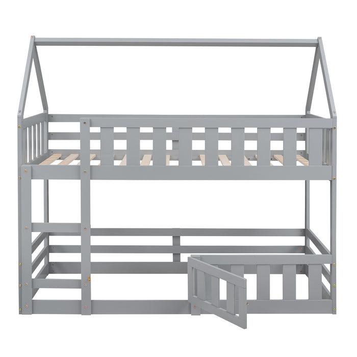 Twin over Twin House Bunk Bed with Fence and Door, White