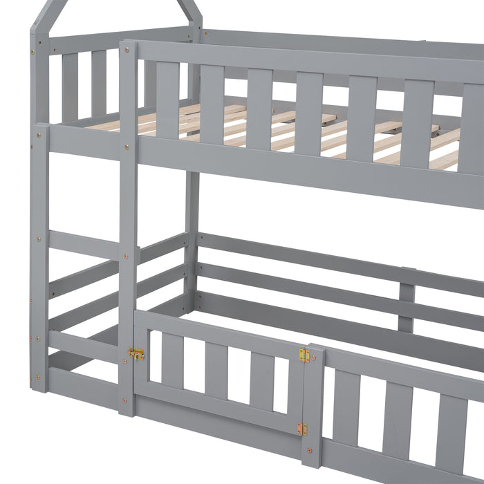 Twin over Twin House Bunk Bed with Fence and Door, White