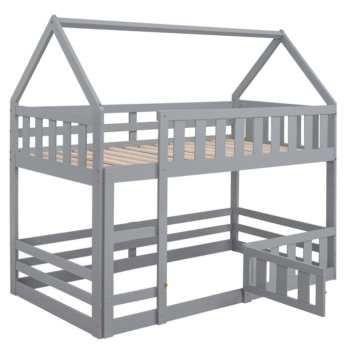 Twin over Twin House Bunk Bed with Fence and Door, White