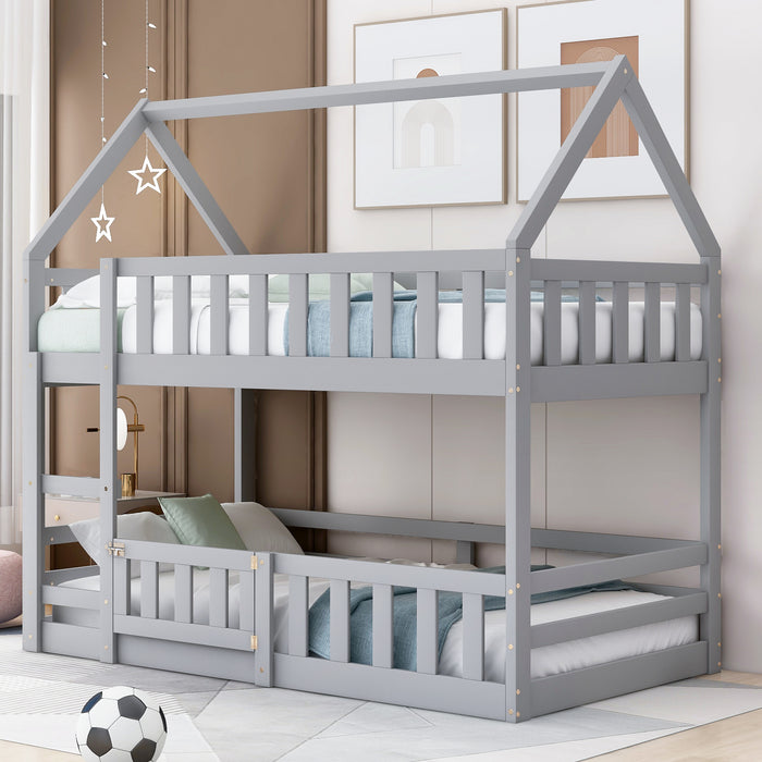 Twin over Twin House Bunk Bed with Fence and Door, White