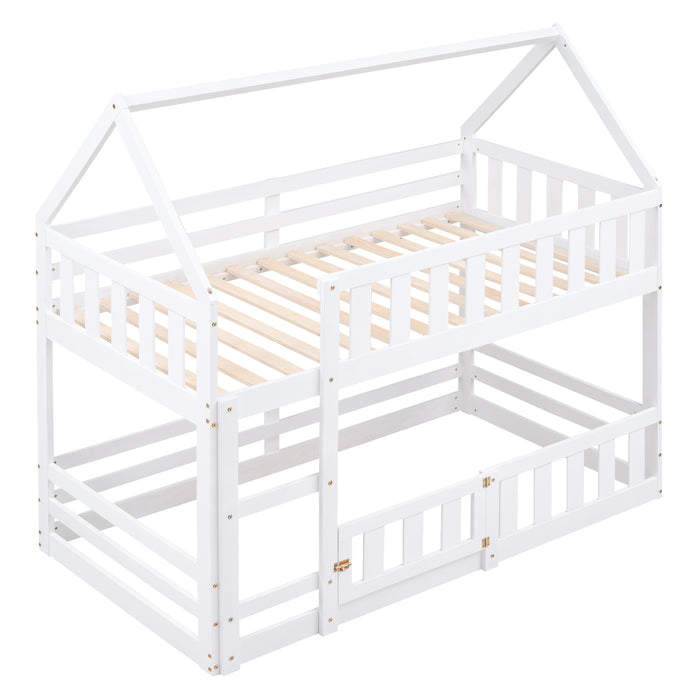 Twin over Twin House Bunk Bed with Fence and Door, White