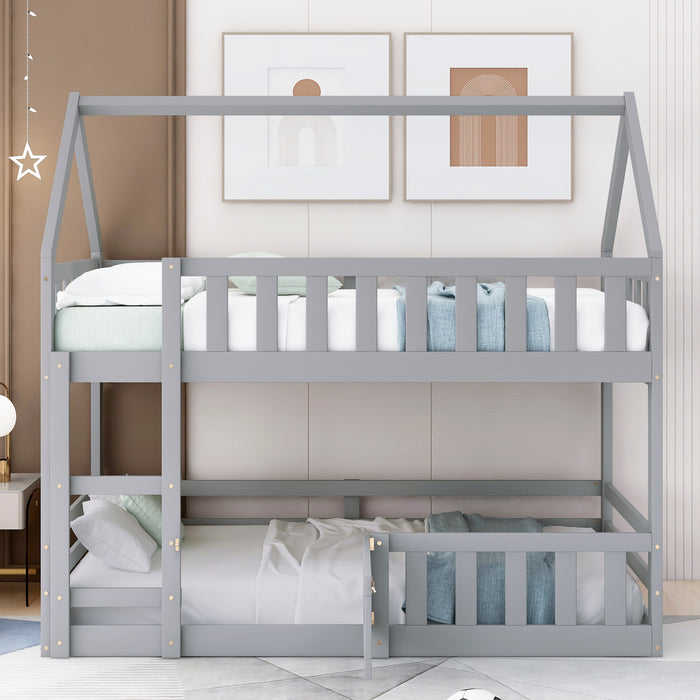 Twin over Twin House Bunk Bed with Fence and Door, White