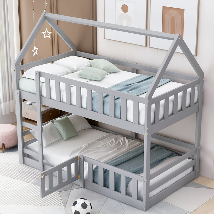 Twin over Twin House Bunk Bed with Fence and Door, White