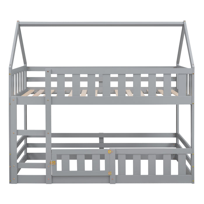 Twin over Twin House Bunk Bed with Fence and Door, White