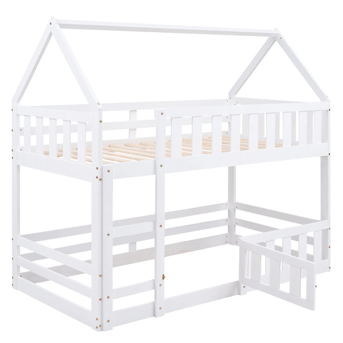 Twin over Twin House Bunk Bed with Fence and Door, White