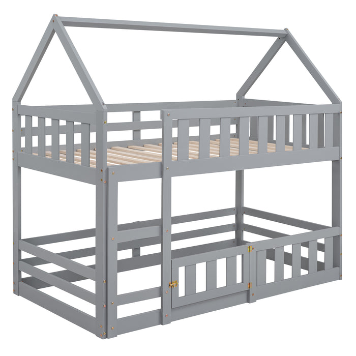 Twin over Twin House Bunk Bed with Fence and Door, White