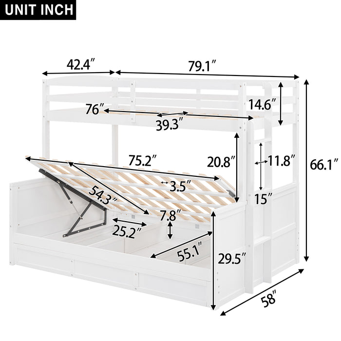 Wood Twin/Full Bunk Bed with Hydraulic Lift Up Storage, White