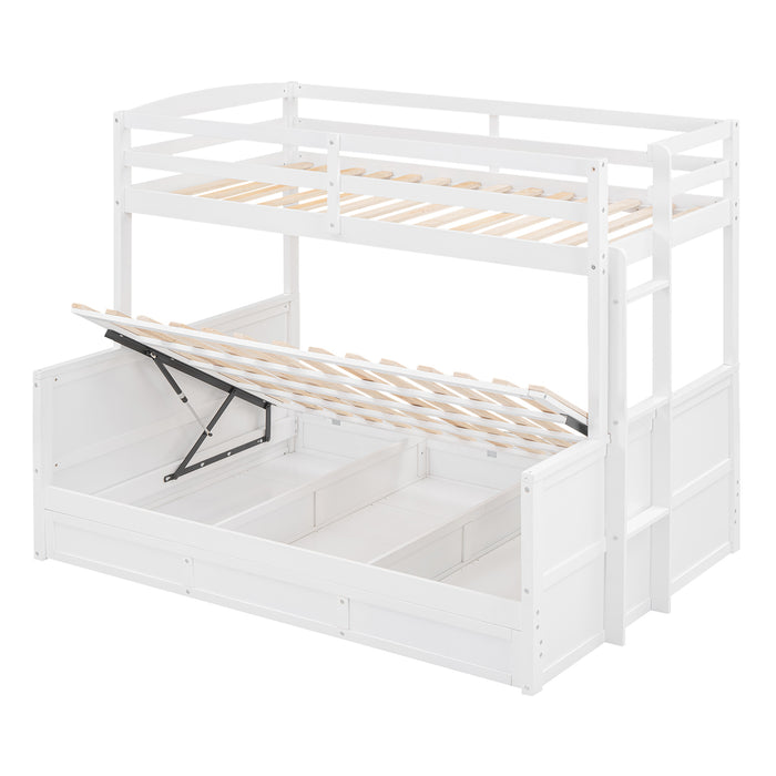 Wood Twin/Full Bunk Bed with Hydraulic Lift Up Storage, White