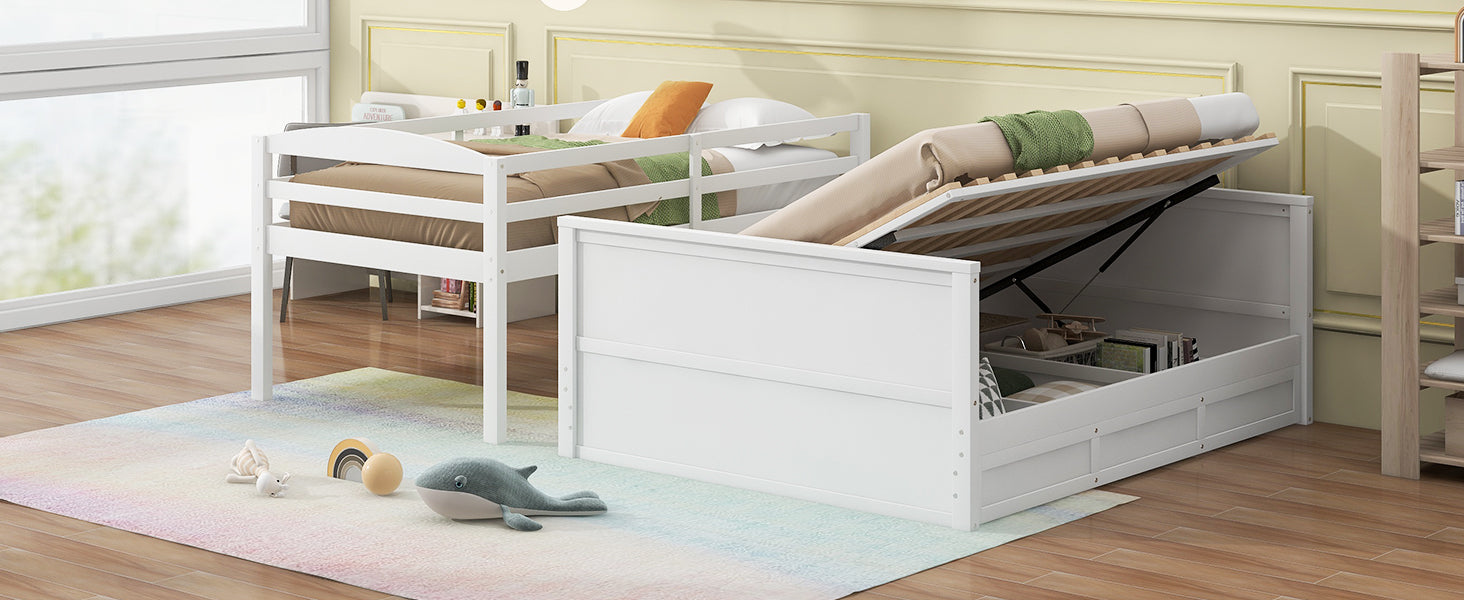 Wood Twin/Full Bunk Bed with Hydraulic Lift Up Storage, White