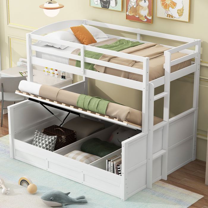 Wood Twin/Full Bunk Bed with Hydraulic Lift Up Storage, White