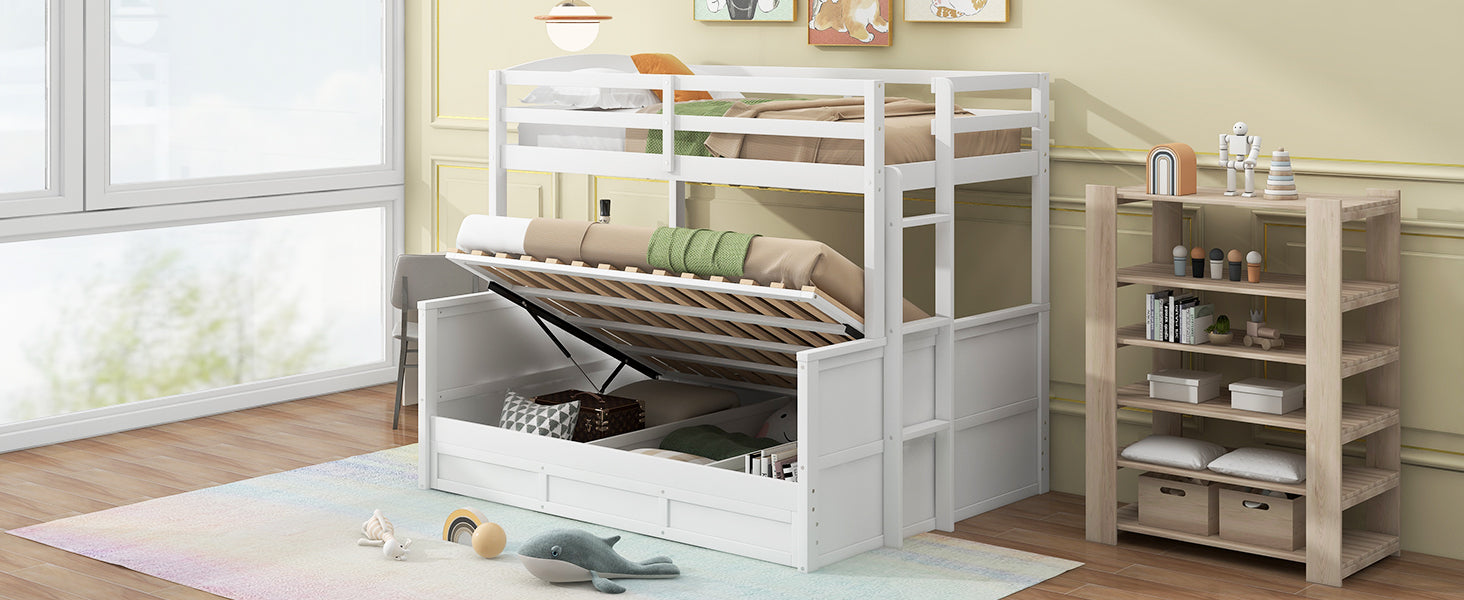 Wood Twin/Full Bunk Bed with Hydraulic Lift Up Storage, White