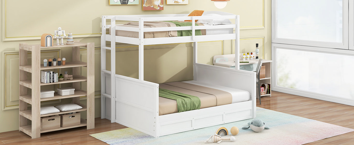 Wood Twin/Full Bunk Bed with Hydraulic Lift Up Storage, White