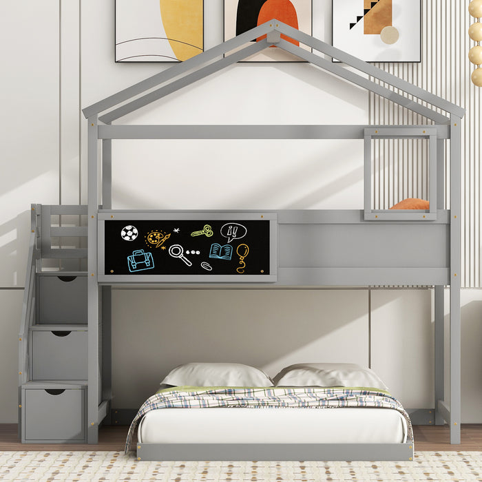 Twin over Full House Bunk Bed with Storage Staircase and Blackboard