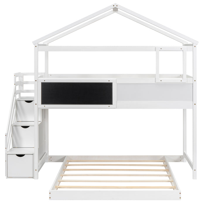 Twin over Full House Bunk Bed with Storage Staircase and Blackboard