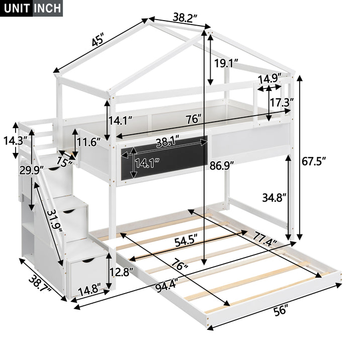 Twin over Full House Bunk Bed with Storage Staircase and Blackboard