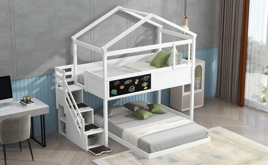 Twin over Full House Bunk Bed with Storage Staircase and Blackboard