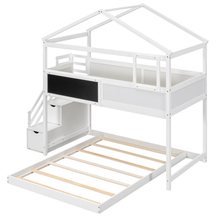 Twin over Full House Bunk Bed with Storage Staircase and Blackboard