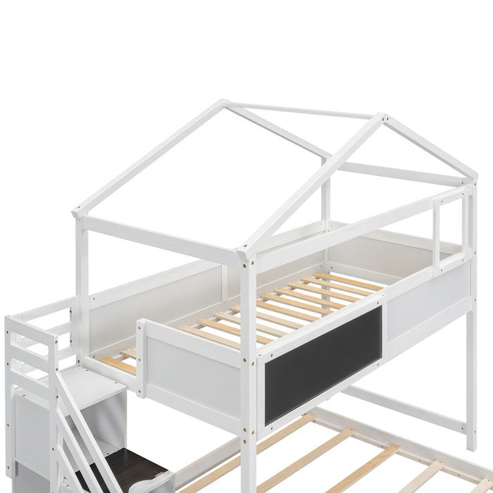 Twin over Full House Bunk Bed with Storage Staircase and Blackboard