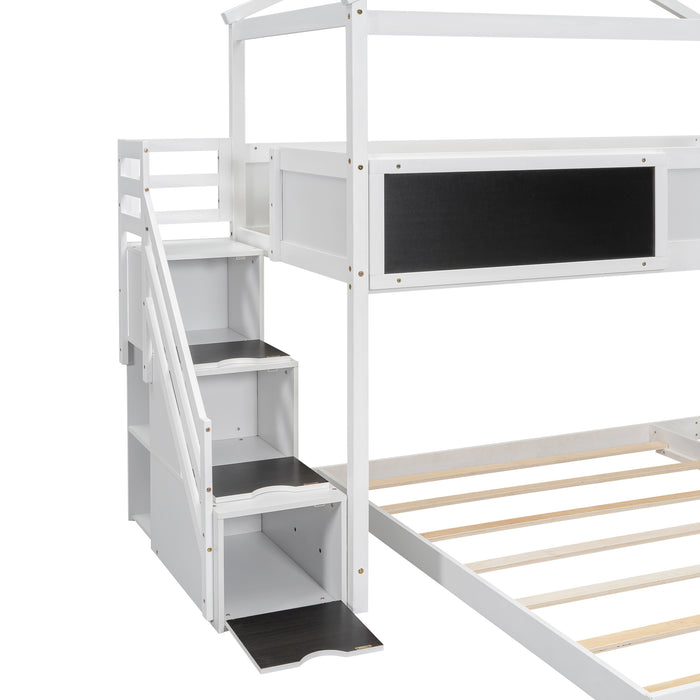 Twin over Full House Bunk Bed with Storage Staircase and Blackboard