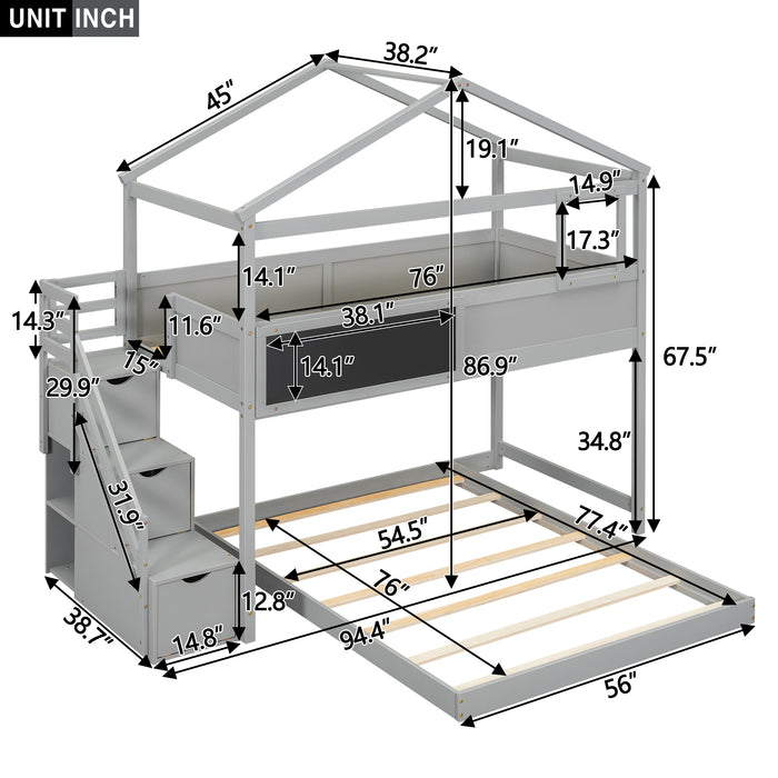 Twin over Full House Bunk Bed with Storage Staircase and Blackboard