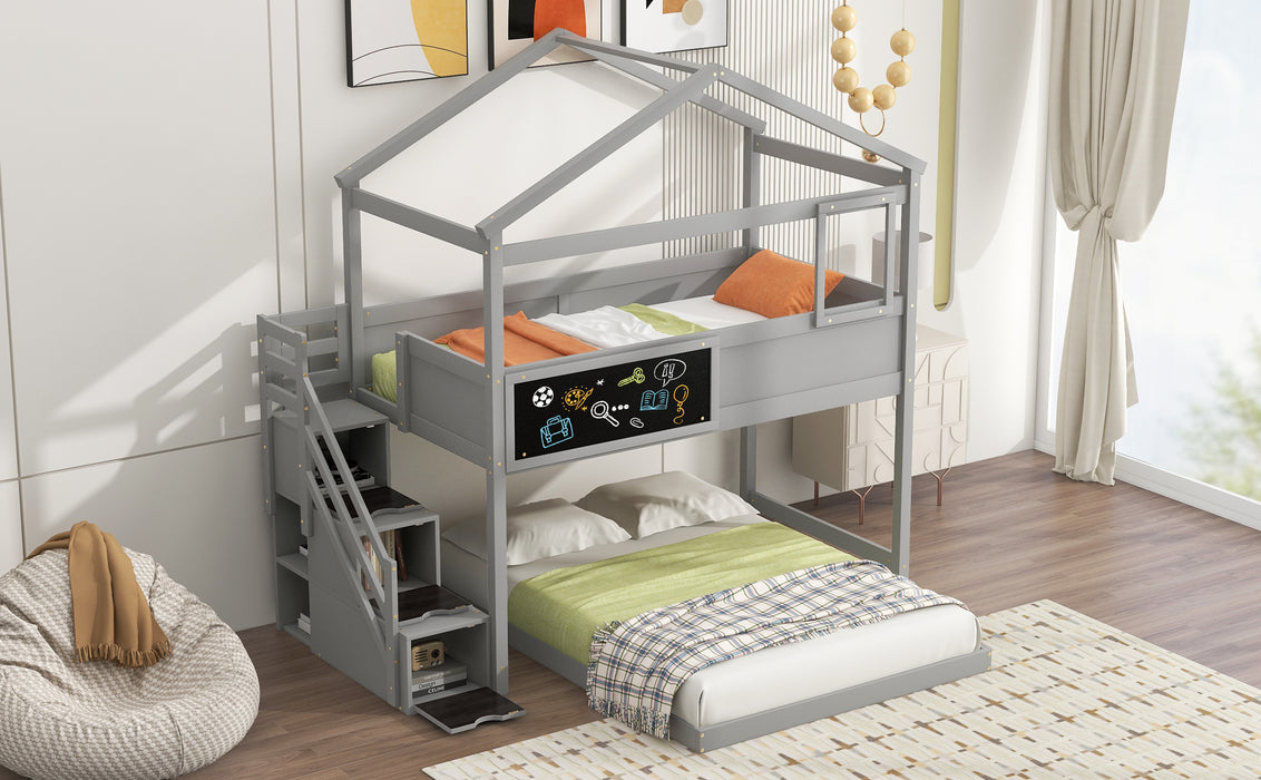 Twin over Full House Bunk Bed with Storage Staircase and Blackboard