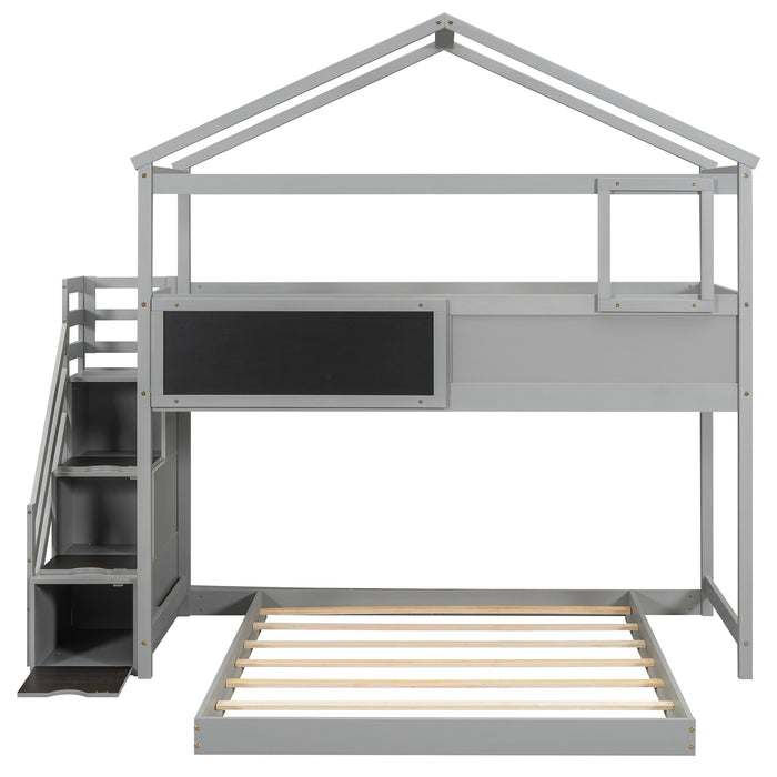 Twin over Full House Bunk Bed with Storage Staircase and Blackboard