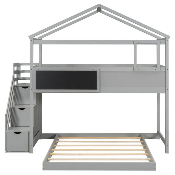 Twin over Full House Bunk Bed with Storage Staircase and Blackboard