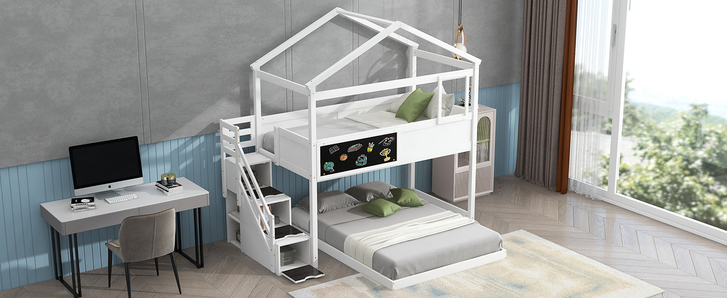 Twin over Full House Bunk Bed with Storage Staircase and Blackboard