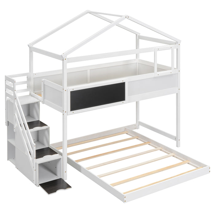 Twin over Full House Bunk Bed with Storage Staircase and Blackboard