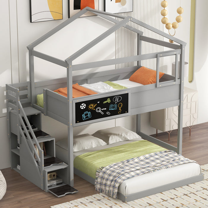 Twin over Full House Bunk Bed with Storage Staircase and Blackboard