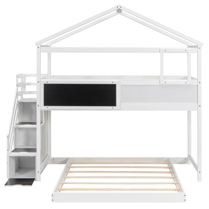 Twin over Full House Bunk Bed with Storage Staircase and Blackboard