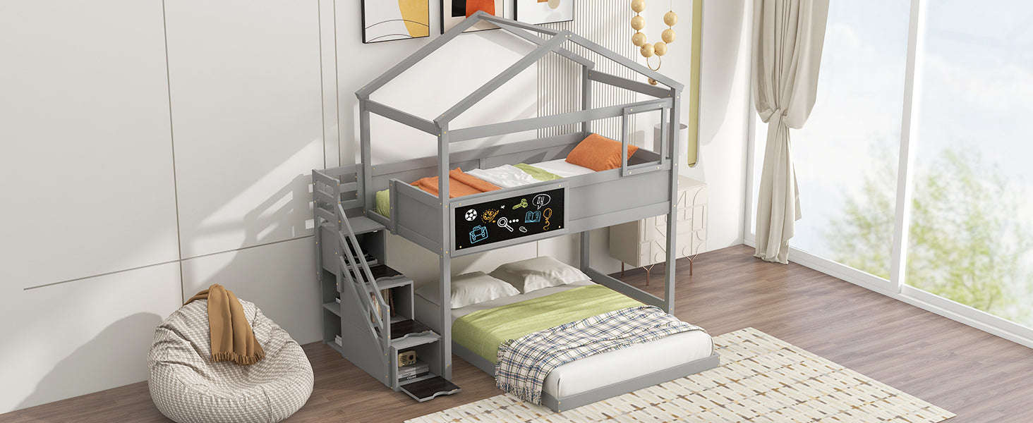 Twin over Full House Bunk Bed with Storage Staircase and Blackboard