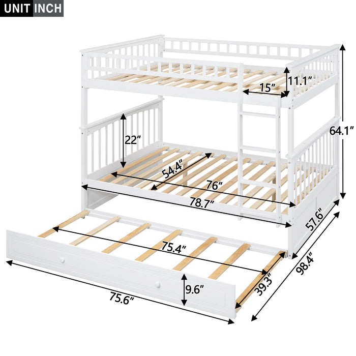 Full/Full Bunk Bed with Twin Size Trundle, White