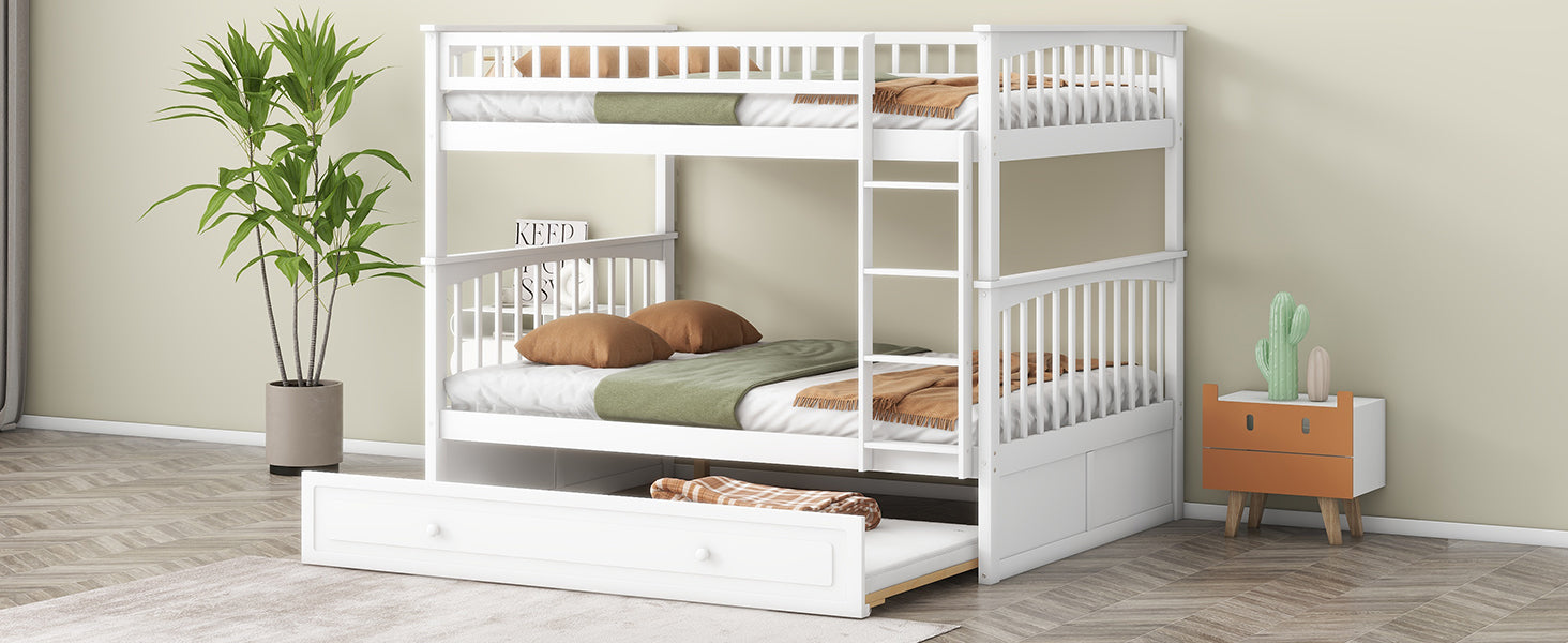 Full/Full Bunk Bed with Twin Size Trundle, White