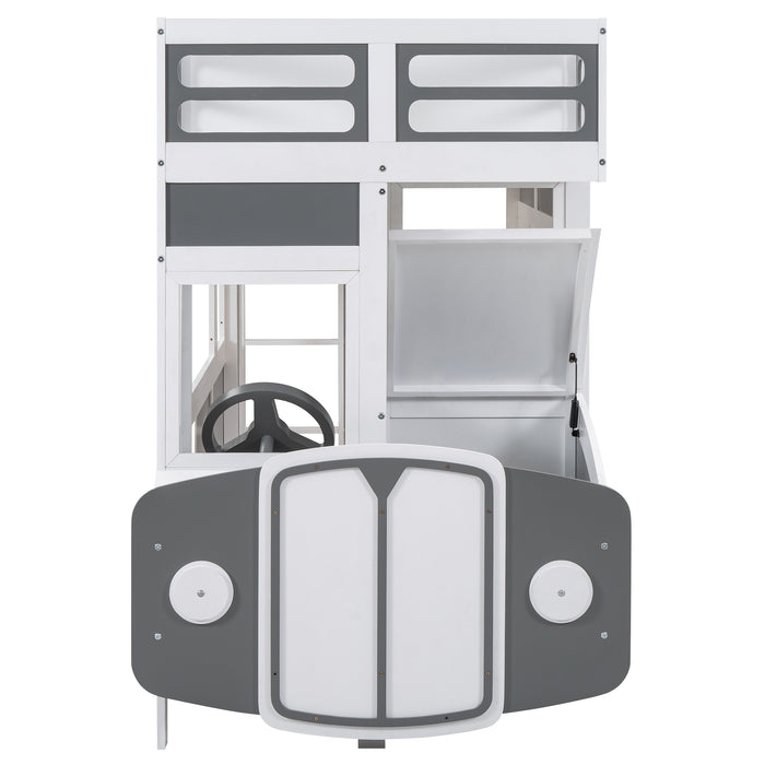 Twin/Twin Bus-shaped Bunk Bed with Wheels and Storage, Gray+White